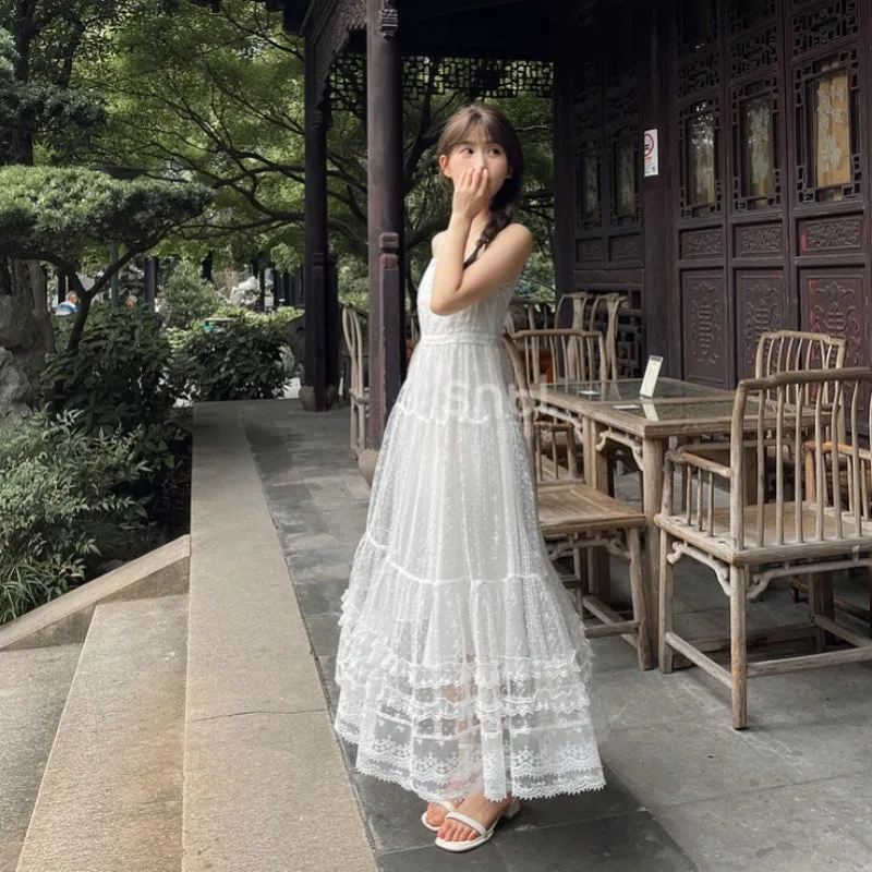 Sweet Style White Lace Crochet Suspender Skirt