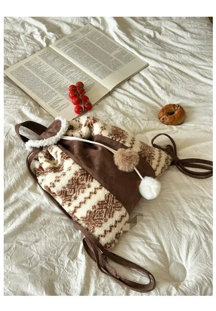 UAKISS  -  Woolen Striped Checkered Bag for Women New Autumn Winter Backpack with Large Capacity Multifunctional Backpacks