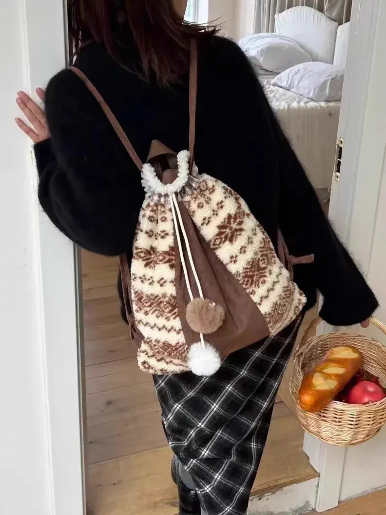 UAKISS  -  Woolen Striped Checkered Bag for Women New Autumn Winter Backpack with Large Capacity Multifunctional Backpacks