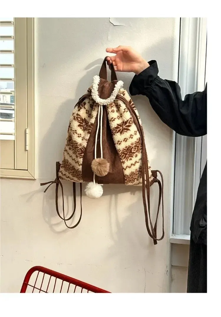 UAKISS  -  Woolen Striped Checkered Bag for Women New Autumn Winter Backpack with Large Capacity Multifunctional Backpacks