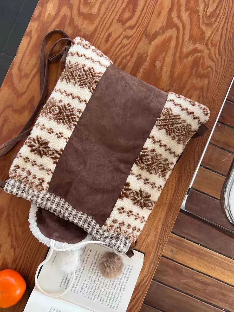 UAKISS  -  Woolen Striped Checkered Bag for Women New Autumn Winter Backpack with Large Capacity Multifunctional Backpacks